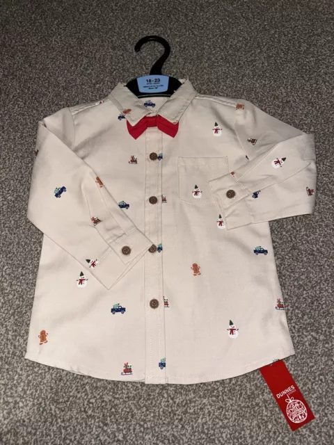 Dunnes Beige Christmas Baby Boys Shirt & Tie Size 18/23 Months New Tags