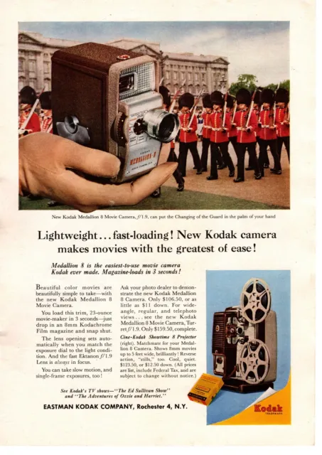 Kodak Medallion 1958 8 mm cámara de cine guardia granadero palacio de Buckingham anuncio impreso