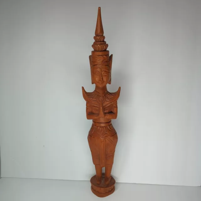 Vintage 1960s MCM Handcarved Wood Art Thai Praying Buddha Figure 15 1/2" Statue