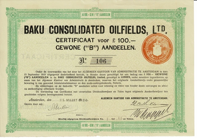 BAKU Consolifated Oilfields - Amsterdam 1920 - Certificaat B - £ 100