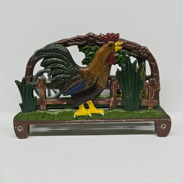 Cast Metal Rooster Chicken Fowl Enamel Painted Napkin Holder Farm House
