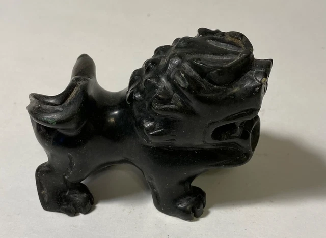 Vintage Chinese Hand Carved Black Stone Foo Dog, Lion Figurine