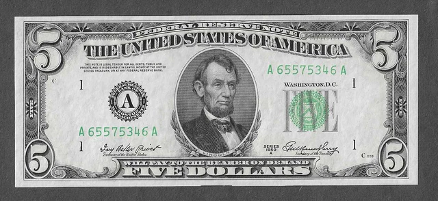 FR 1962-A UNC Boston $5 Series of 1950A Green Seal Federal Reserve Note