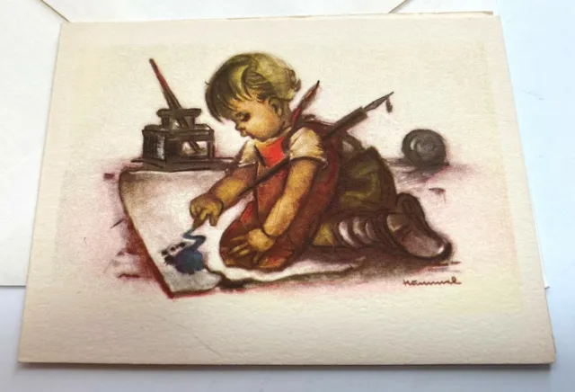 1941 ARS SACRA Hummel Greeting Card Little Girl Writing Painting 5H6416 Unused