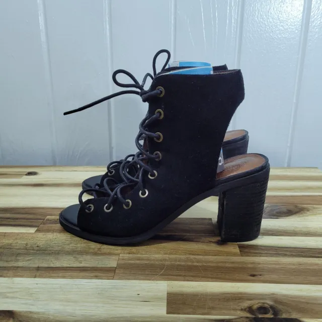 Free People x Jeffrey Campbell Black Leather Lace Up Block Heel Boho Bootie 7.5