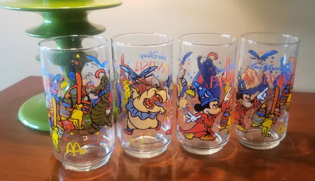Vintage Walt Disney Glass set of 4 McDonalds Coca-Cola FANTASIA. Mickey Mouse