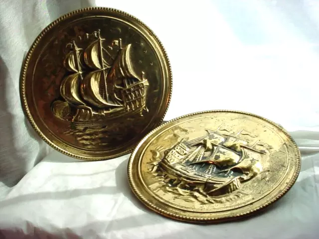 Vintage Galleon Ships Brass Metal Wall Decor 3D Plates 2 Piece Lot Elpec