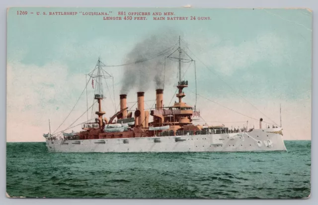 c 1910 U.S. Battleship Louisiana Steamer Steamship U.S. Navy Vtg Postcard Ocean