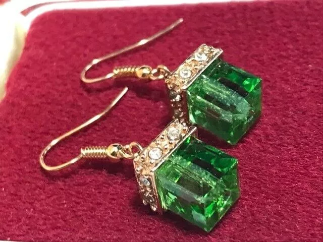 Beautiful Art Deco Style Green Cube Crystal Drop Earrings