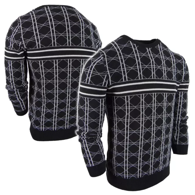 MENS SWEATER BLACK Shirt Designer Pattern Stripes Pullover Stretch ...
