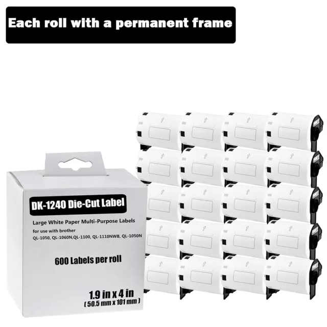 20Rolls 4"×2" Large Paper Multi-purpose Labels 600P/R DK-1240 for Brother QL-500