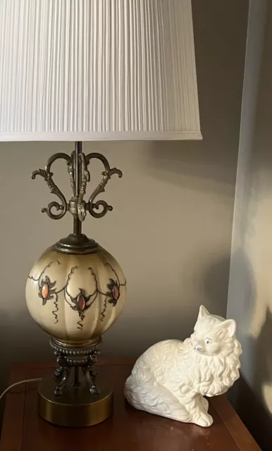 Vintage Mid Century Modern Lamp Brass Jeweled Glass Globe Table 33" RARE