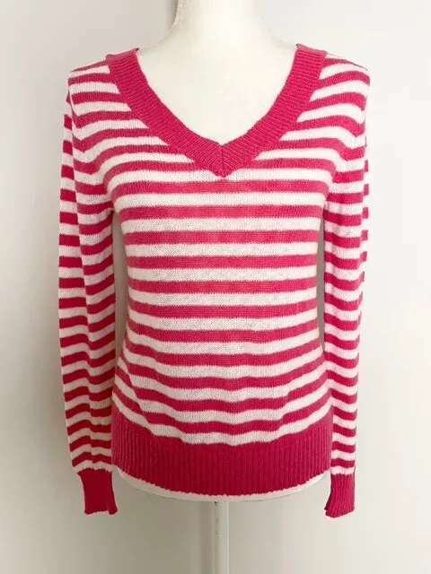 Maurices Womens Knit Sweater Top Size S Pink White Striped V Neck Long Sleeve