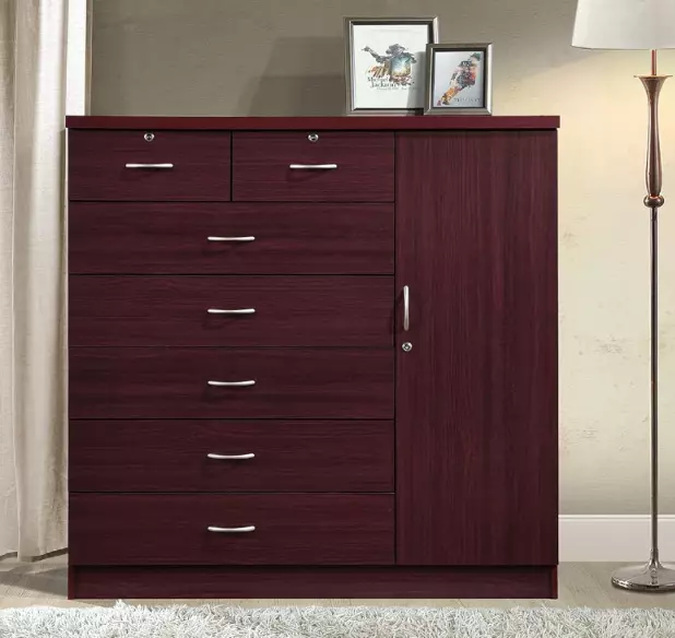 Large Wood Bedroom Dresser Mahogany Cabinet Tall Chest with 7 Drawers Door Locks