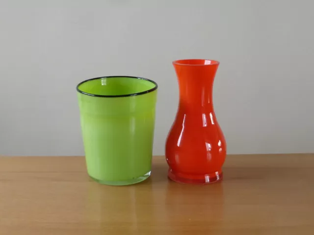 2 alte Jugendstil Art Deco Tango Glas rot grün Lötz um 1930 Schmalz-Häferl Vase