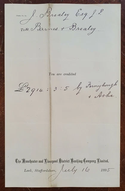 1895 Manchester & Liverpool District Banking Company, Leek, Staffordshire Letter