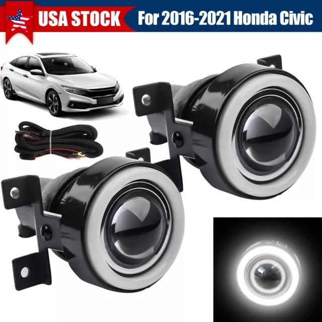 For 2016-2021 Honda Civic DRL White LED Halo Projector Fog Lights Lamp Angel Eye