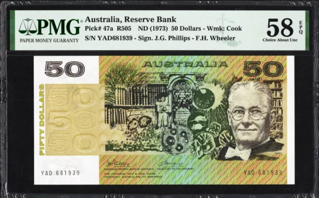 Australia 50 Dollars 47a R505 1973 Phillips Wheeler PMG58 aUNC EPQ Banknote RARE