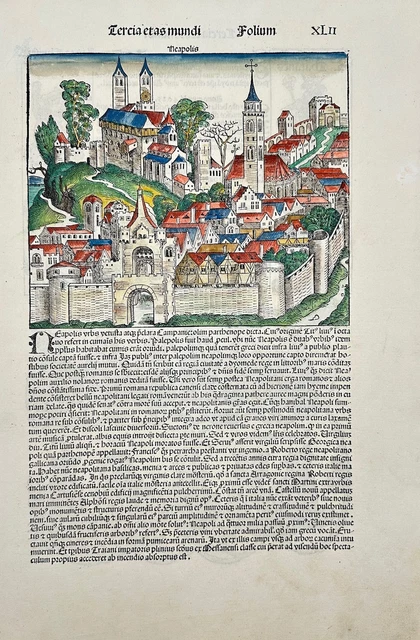 Antique Woodcut - Neapolis - The Nuremberg Chronicle - view of Naples - Schedel