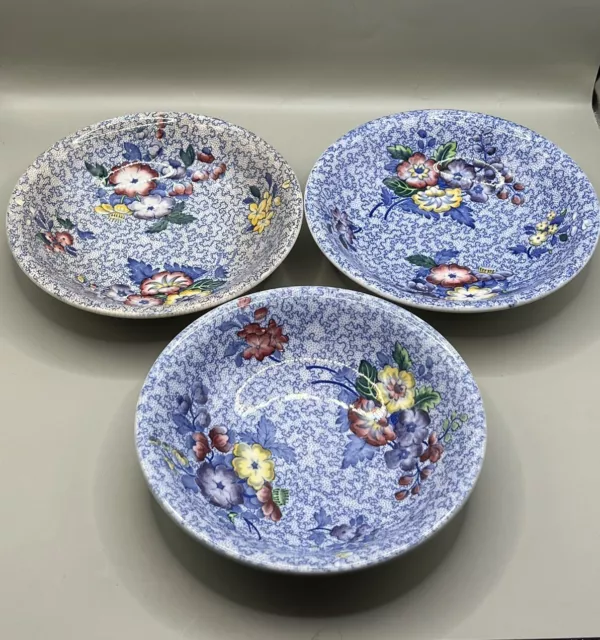 3 Antique Copeland Late Spode Wild Flower Blue 6.25” Berry Bowls Rare
