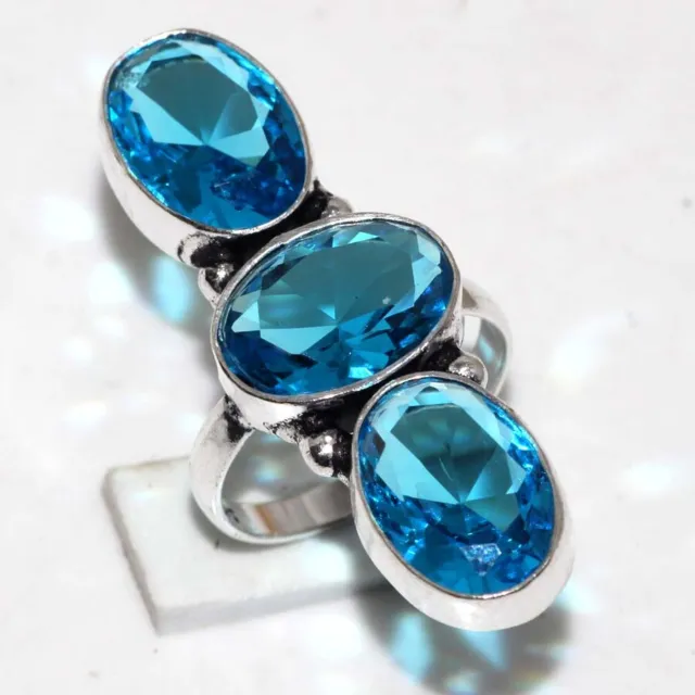 925 Silver Plated-Blue Topaz Ethnic Gemstone Long Ring Jewelry US Size-8.5 JW