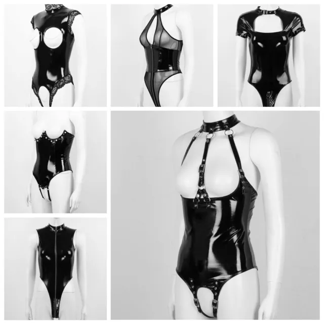 Women‘s Wet Look Zipper Open Bust Crotch Bodysuit Leotard Lingerie Catsuit Club