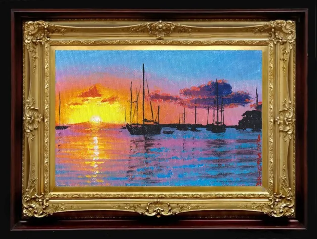 ORIGINAL Oil Painting Handmade Arseni ~ QUIET HARBOR 6" X 4" NO FRAME USA