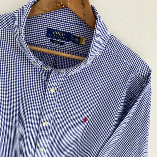 Polo Ralph Lauren Shirt Mens 2XL XXL Blue Gingham Check Slim Fit Long Sleeve
