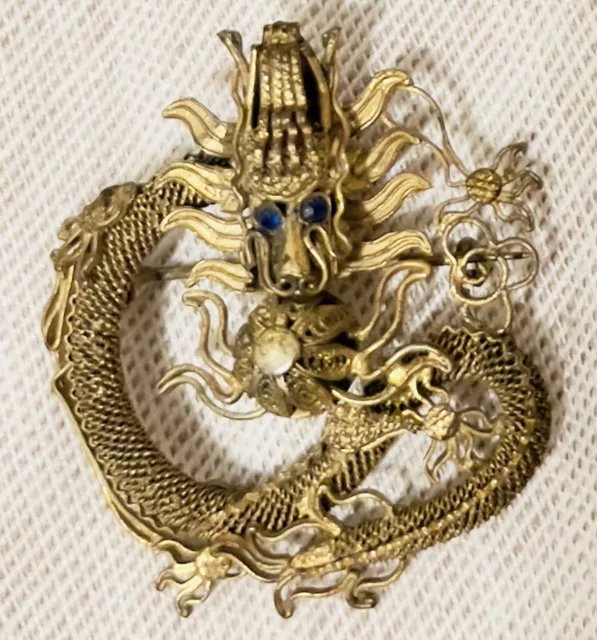 Antique Signed Gold Chinese Dragon Pin/ Brooch 19th Century Filigree Design