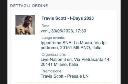 Biglietto Travis Scott - 30/06/2023 - Ippodromo SNAI Milano - Posto Unico GIALLO
