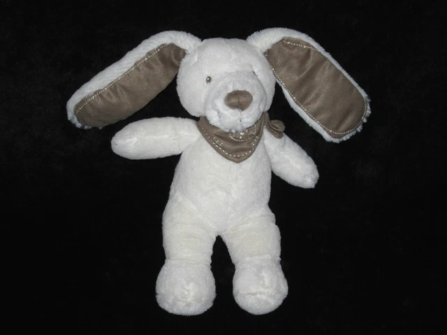 Doudou Lapin blanc et marron taupe Tex Baby Carrefour bandana 25/35 cm