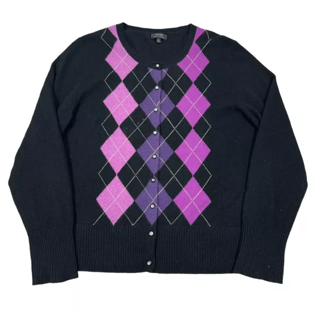 Apt 9 Cardigan Sweater Womens XL Argyle 100% Cashmere Crew Neck Warm Soft Purple