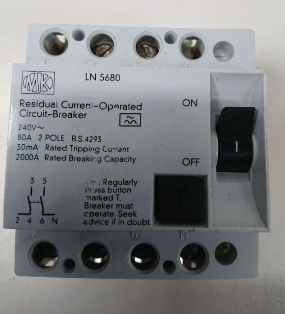 MK LN 5680 80 AMP 30 mA Doppio Polo RCCB RCD BS4293 LN5680