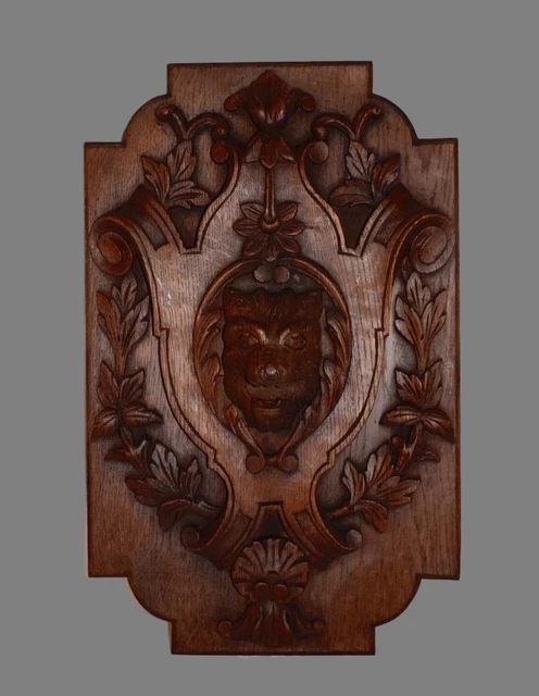 French Antique Neo Gothic Hand Carved Wood Lion Wall Panel Coat of Arms 1