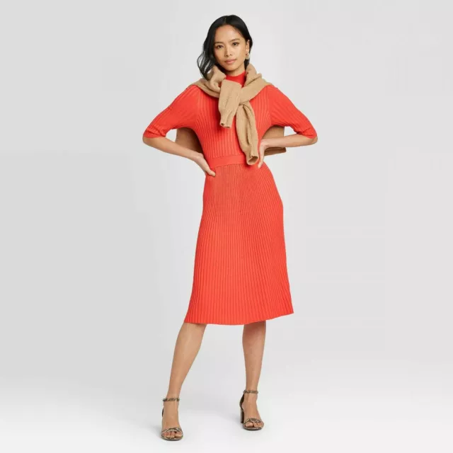 Womens Large Crewneck Flat Rib Dress Midi Paprika Orange Stretchy Career New $37