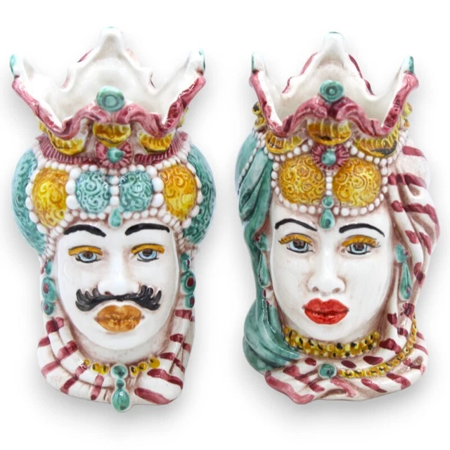 Coppia Teste di moro in ceramica Caltagirone - h 13 / 14 cm ca. con corona e tur