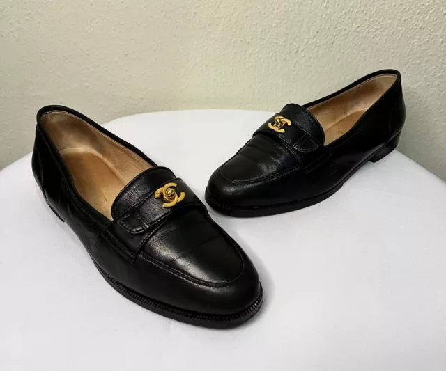 CHANEL CC Turn Lock Leather Quilted Loafers Moccasin Flat Shoes Black Sz 38  NWB