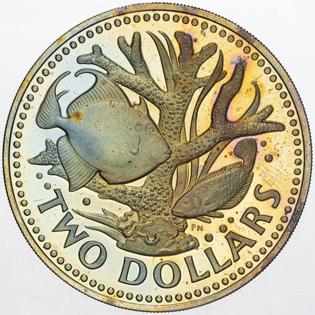 1973 Barbados 2 Dollars Proof Intense Neon Color Toned Bu Unc Appeal  (Mr)