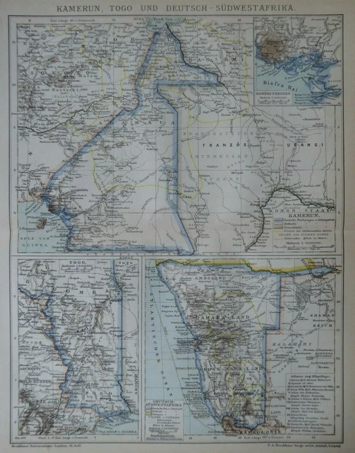 Landkarte der Kolonien Kamerun, Togo, Deutsch - Südwestafrika, Brockhaus 1898