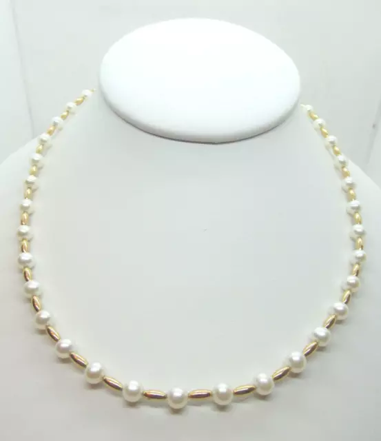17"  Necklace 14K Yellow Gold and Cultured 5.5mm White Pearls, Gold Beads