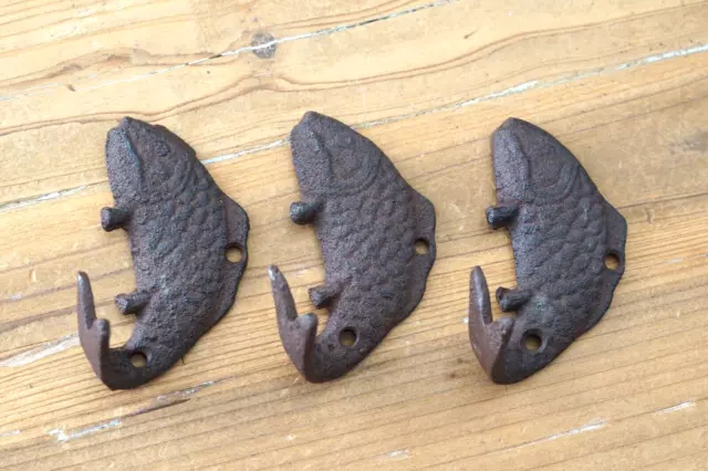 3 Fish Wall Hook Coat Hat Towel Beach Koi Hooks 4 3/4" Rustic Cast Iron Bath