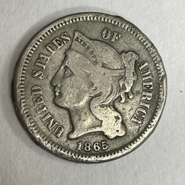 1865 3 Cent Piece (3c nickel) US Coin  FREE SHIPPING