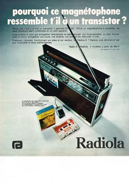 PUBLICITE ADVERTISING  1974    RADIOLA   magnétophone  transistor