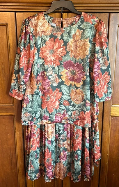 Robe Maxi Longue Vintage UK 14 Violette à Fleurs - Manches Longues - Taille M