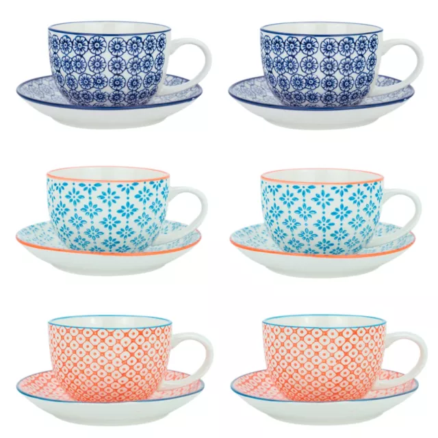 Tasses et soucoupes à cappuccino en porcelaine à motifs - 3 modèles - Lot de 6