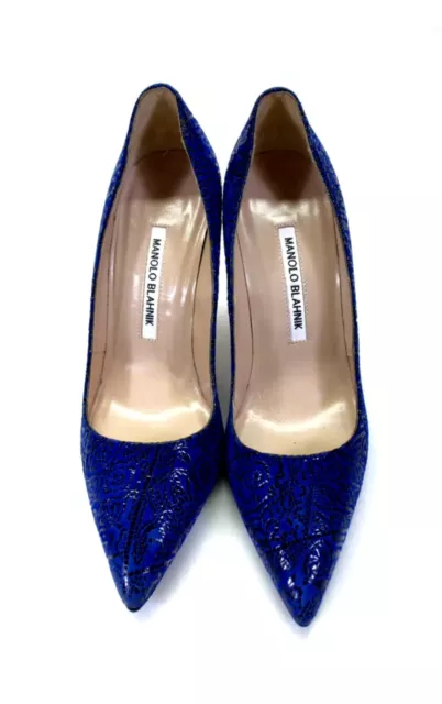 Manolo Blahnik Womens Suede Floral Print Stiletto Pumps Navy Blue Size 7US 37EU