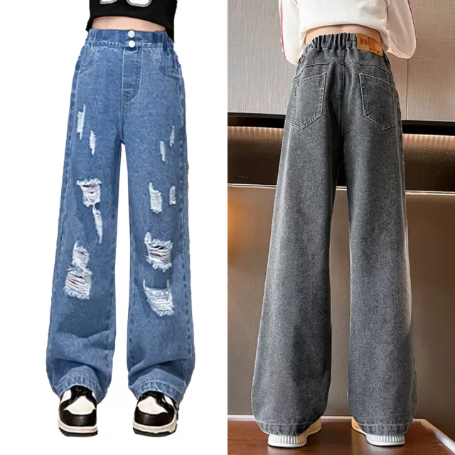 Girls Pants With Pockets Kids Pants Loose Denim Trousers High Waist Casual