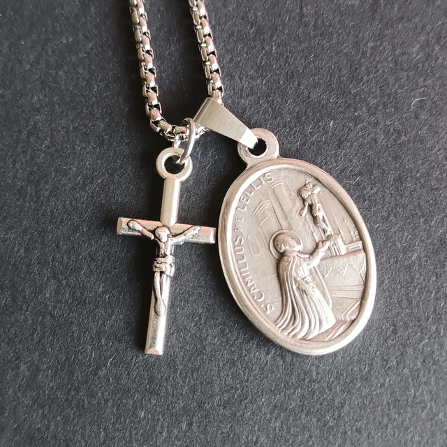 ST CAMILLUS DE Lellis necklace. Stainless steel chain with medal and