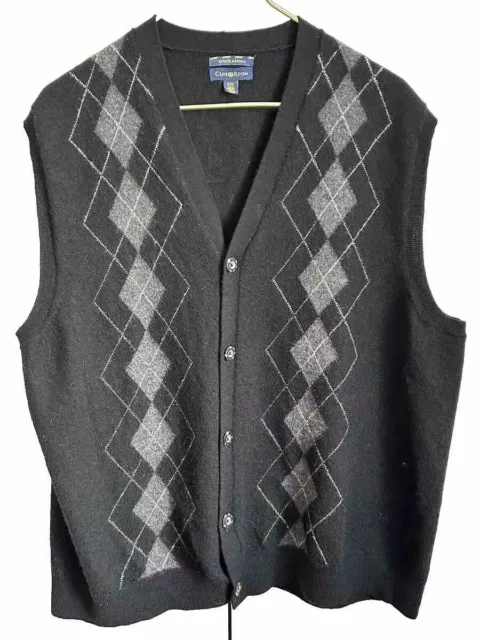 Club Room Men’s 2XL Charcoal Gray Argyle 100% Merino Wool Button Up Vest EUC