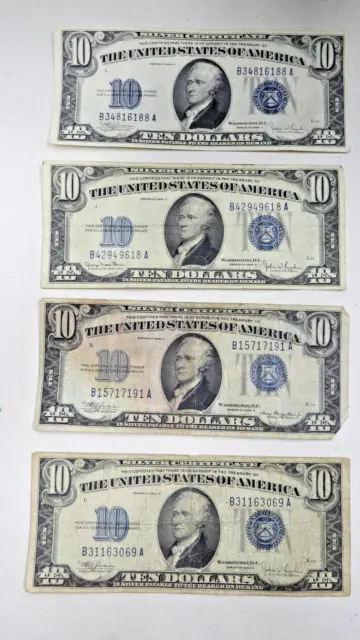4 - $10 Silver Certificate BLUE SEAL 1934 Circulated Ten Dollars